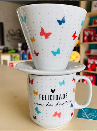 COADOR DE CAFÉ COM CANECA FELICIADE VEM DE DENTRO