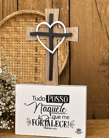 PLACA DE MESA COM APLIQUE E CRUZ TUDO POSSO...MEMÓRIA 25X14