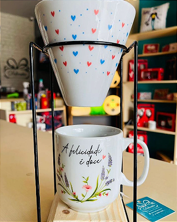Conjunto Caneca e Coador em Porcelana com Suporte Lavanda