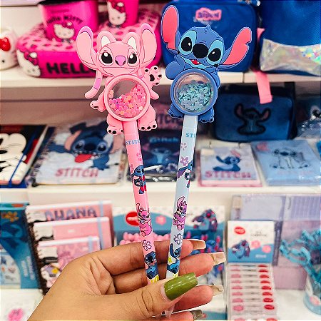 Caneta Stitch e Angel com Lantejoulas Escrita Azul