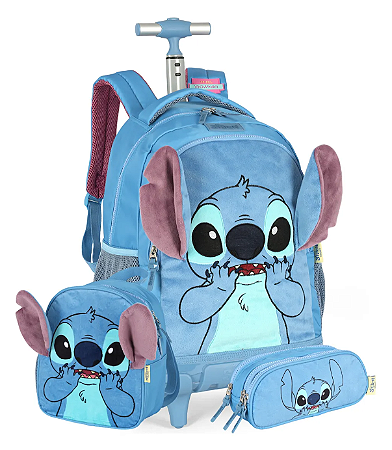 Kit Mochila Escolar Costas E Rodinhas Stitch & Angel