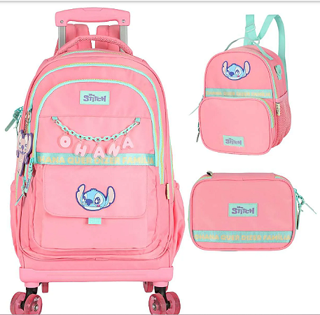 Mochila  Rodinhas Stitch com Lancheira e Estojo BOX Salmão