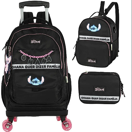 Mochila Infantil Rodinhas 360 Stitch com Lancheira e Estojo MC50082SC Preto
