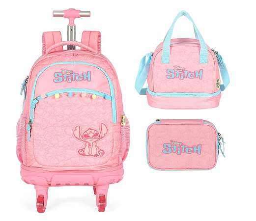 Mochila Escolar Sitich Oficial Rodinhas 360º + Lancheira + Estojo 100 Lápis Stitch