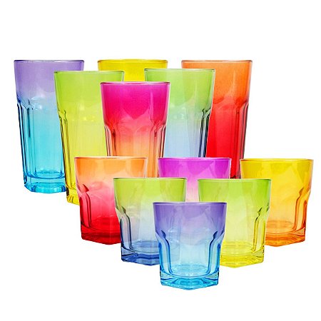 Jogo De 12 Copo 330ml E 280ml De Vidro Grosso Colorido Top