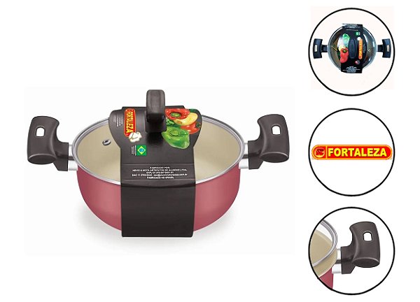 Panela Caçarola Antiaderente Com Tampa De Vidro 20 Cm Cereja