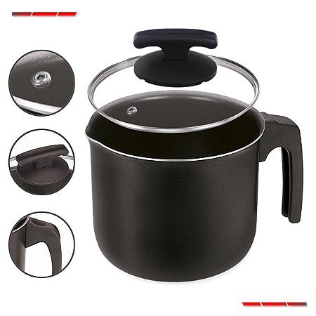 Caneca Leiteira 14cm Antiaderente Com Tampa Vidro Preta