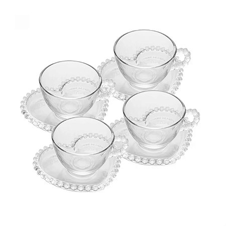Conjunto 4 Xícaras de Chá de Cristal com Pires Coração Pearl 80ml - Wolff