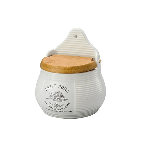 Saleiro de Parede de Cerâmica com Tampa de Bambu Sweet Home - Saleiro de Parede de Cerâmica com Tampa de Bambu Sweet Home 10cm x 7,5cm x 13cm - Lyor