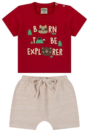 Conjunto camiseta meia malha e shorts saruel cravina