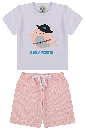 Conjunto camiseta meia malha e bermuda de moletinho eco