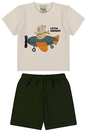 Conjunto camiseta meia malha e bermuda de moletinho