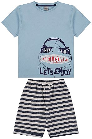 Conjunto camiseta meia malha e bermuda de cravina listrado