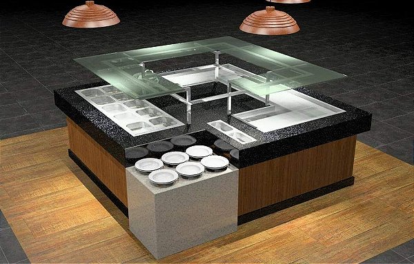 Módulo Buffet em ilha 2,50 x 2,50m - Aquecido e refrigerado + Porta pratos e Porta talheres