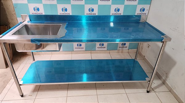 Mesa Pia Aço Inox Industrial C/ Paneleiro E Cuba