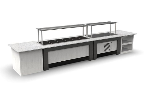 Linha Buffet Self Service aquecido 6 ou 12 cubas + buffet refrigerado 4 para 4 cubas + Módulo apoio de pratos e bandejas + módulo balança