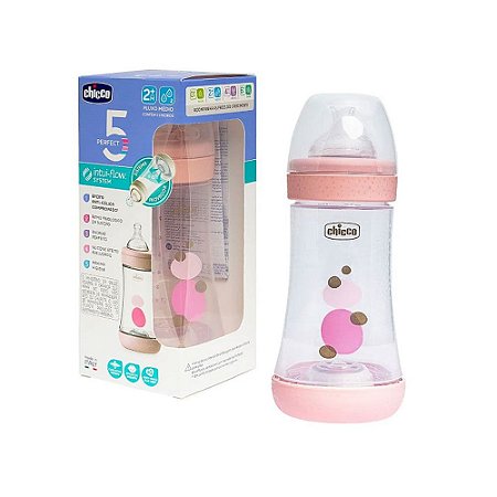 Mamadeira Perfect 5 Rosa Chicco 240ml Fluxo Médio 2m+