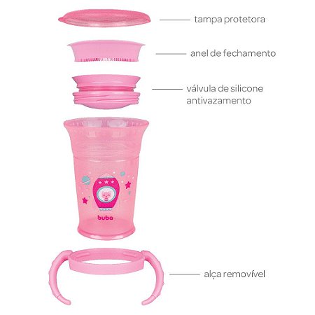 Copo de Treinamento 360° Buba Antivazamento com Alças Rosa 210ml - Pequenos  Travessos