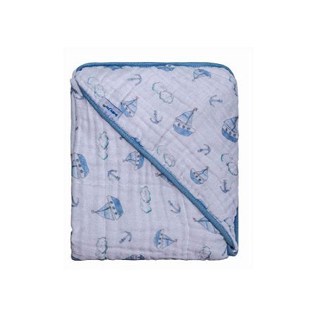 Toalha Com Capuz Estampada Baby Joy Azul 80cm x 80cm Barquinho Soft