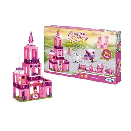 Bloco de Montar Reino Cor de Rosa Castelo da Princesa Xalingo 57 Peças 5 em 1