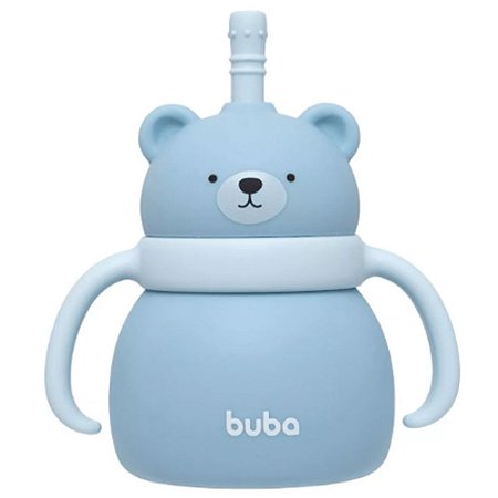 Copo De Silicone Com Canudo Urso Buba Azul