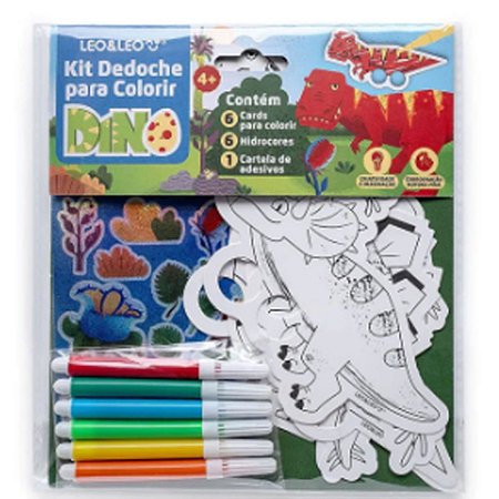 Kit Dedoche Para Colorir Dino 6 Cards, Canetas E Adesivos