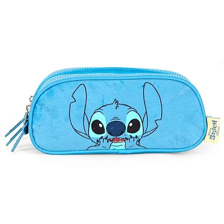 Estojo Triplo Escolar Stitch Luxcel Pelúcia Azul