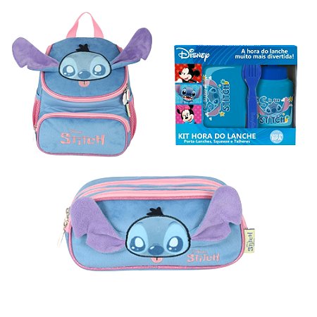 Kit Escolar Lancheira Estojo e Marmitinha Stitch Azul Completo