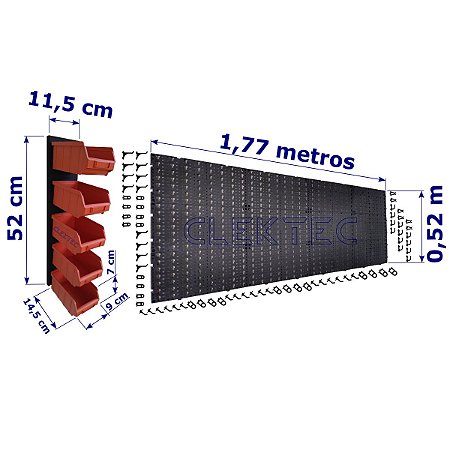 Painel P/ Ferramentas 1,77x0,52 C/ 05 Cxs Gaveteiro Laranja