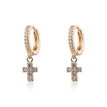 Brinco Argola Banho em Ouro 18K Cravejado com Cruz Pendurada
