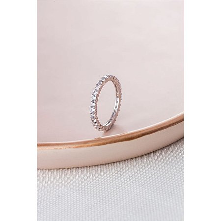 Anel Banho em Ródio Aliança Inteira Cravejada Redonda 2 mm 7