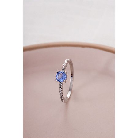 Anel Banho em Ródio meia Cravação Zircônia Redonda 5 mm Tanzanita 4 Garras 8