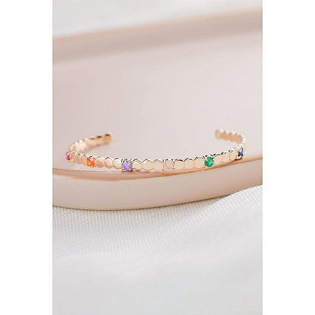 Bracelete Banho em Ouro 18K 6 Zircônias Rainbow Intercalados Bolinhas Lisas