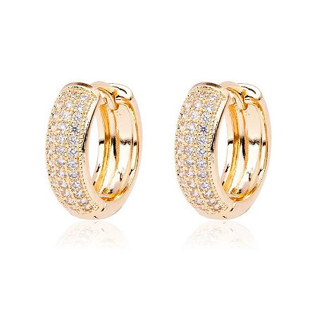 Brinco Argola Banho em Ouro 18K 15mm 3 Fileiras Zircônias