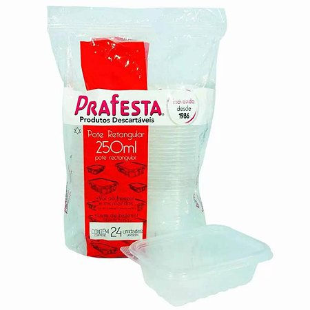 Pote Transparente Retangular C/ Tampa Prafesta 250ml - 24 und