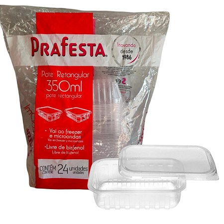 Pote Transparente Retangular C/ Tampa Prafesta 350ml - 24 und