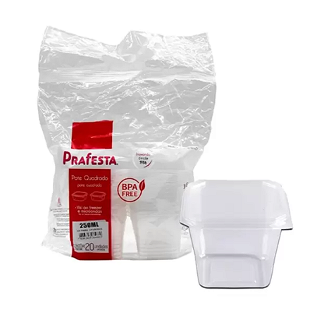 Pote Quadrado para Bolo com Tampa 250ml com 20 un PRAFESTA
