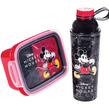 Kit Marmita Mickey Pote Hermético 2 Divisórias + Garrafa Grande