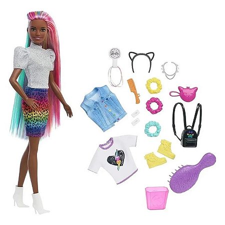 Boneca Barbie - Penteados Cabelo Arco-Íris - Animal Print Negra - GRN80 - Mattel