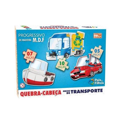 Quebra Cabeça 3 em 1 - Meios de Transporte 5/7/10 Peças Madeira - Pais e Filhos