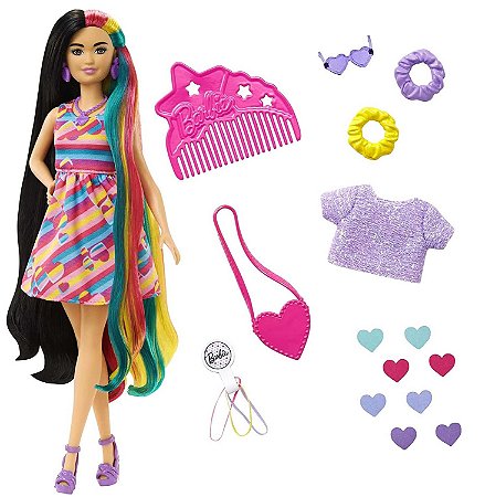 Boneca Barbie Totally Hair - Vestido Listrado - Morena - HCM90 - Mattel