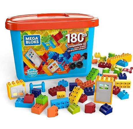 Caixa Blocos de Montar - Mega Blocos - 180 Peças - Junior Builders - GJD22 - Mattel