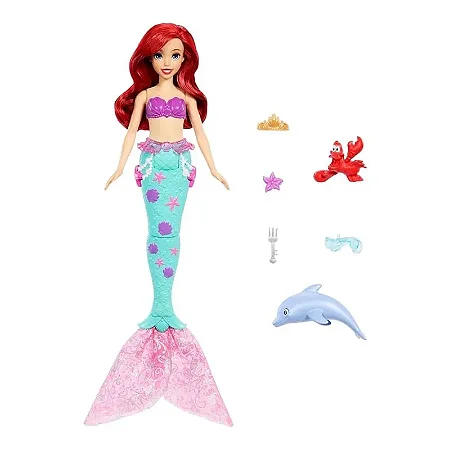 Boneca Princesa Ariel e Sebastian - Fundo do Mar com Golfinho - JFC39 - Mattel