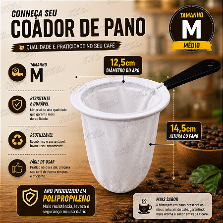 Coador para Café de Pano Tamanho Médio 100% Algodão Reutilizável e Sustentável