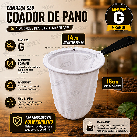 Coador para Café de Pano Tamanho Grande 100% Algodão Reutilizável e Sustentável