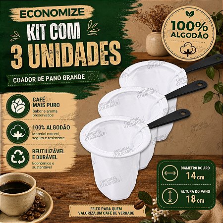 Kit com 3 Coadores para Café de Pano Tamanho Grande 100% Algodão