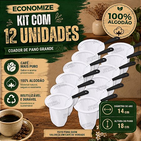 Kit com 12 Coadores para Café de Pano Tamanho Grande 100% Algodão