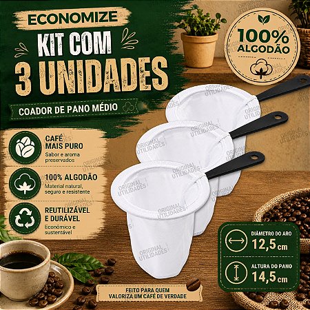 Kit com 3 Coadores para Café de Pano Tamanho Médio 100% Algodão