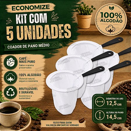 Kit com 5 Coadores para Café de Pano Tamanho Médio 100% Algodão