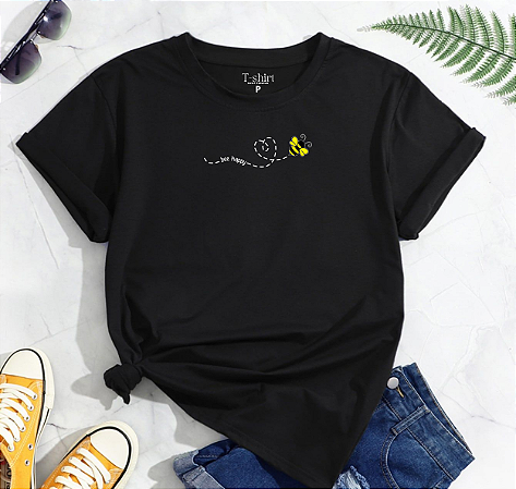 T-shirt BE HAPPY - PRETO